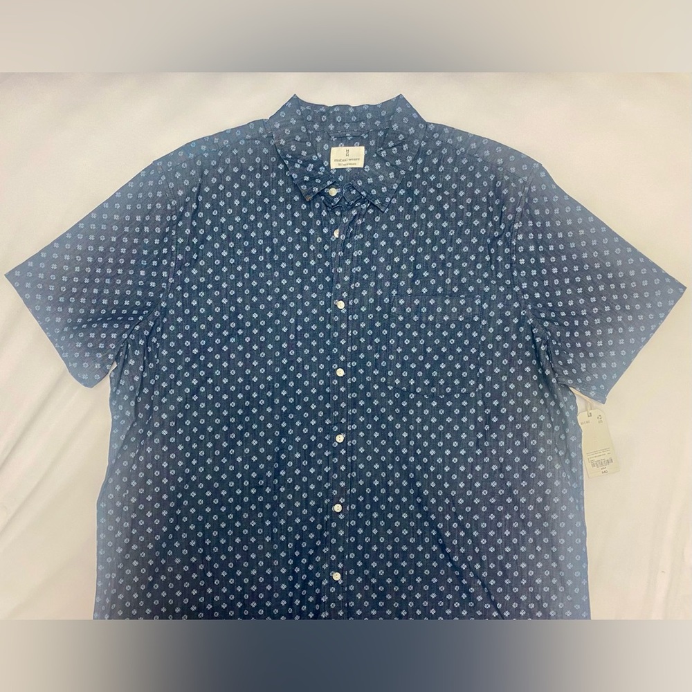 Mutual Weave Dark Indigo Wash Patterned Short Sleeve Button Down Shirt
